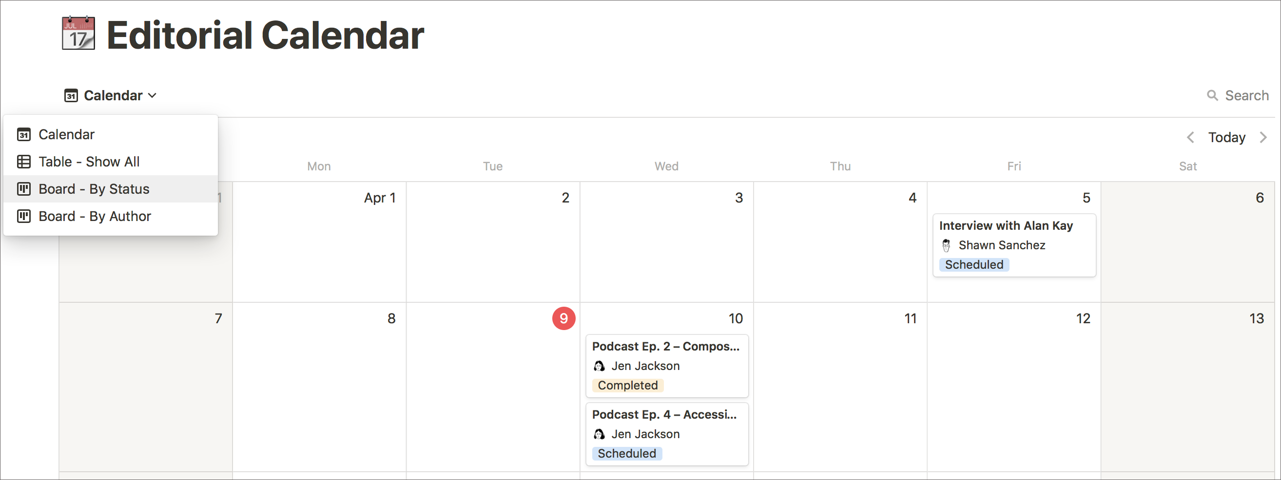 План публикаций в виде календаря